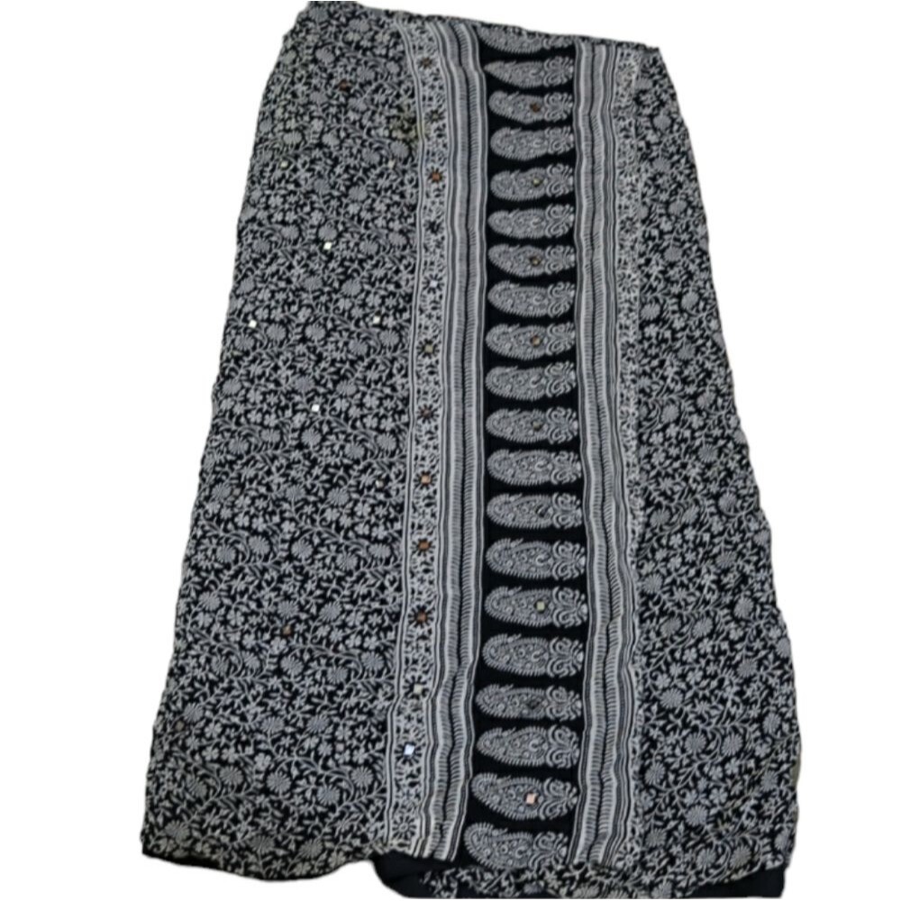 Rene Derhy Black & White Wrap Skirt Mirrored Beads Rayon Vintage LG